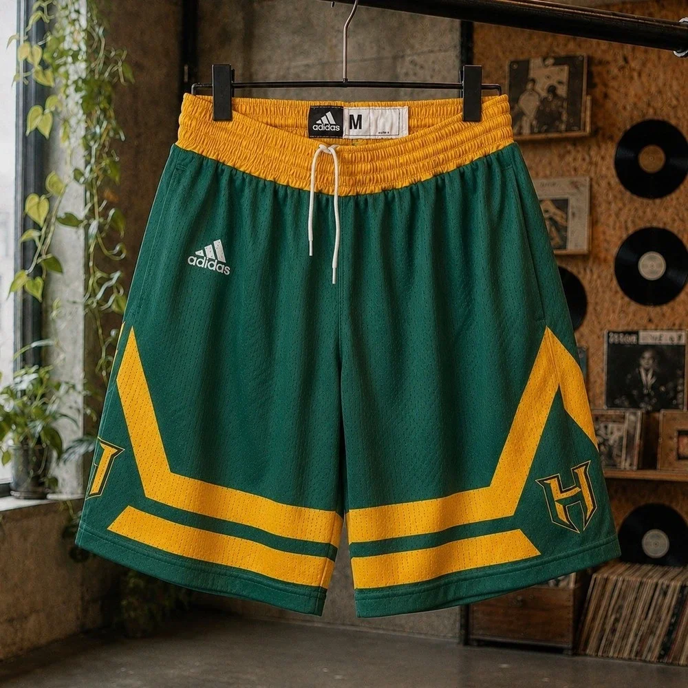Adidas Green Yellow Basketball Shorts Men‎ Medium Mesh Athletic Gym Sporty